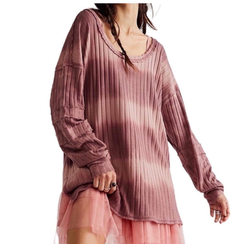 Free People NWT Sunset Relaxed Oversized Tie-Dyed Long Sleeve scoop neckline Top